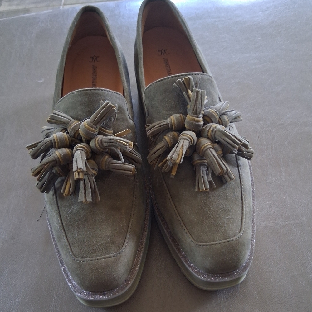 Johnston & Murphy Olive Green Suede Tassel Wedge Loafers